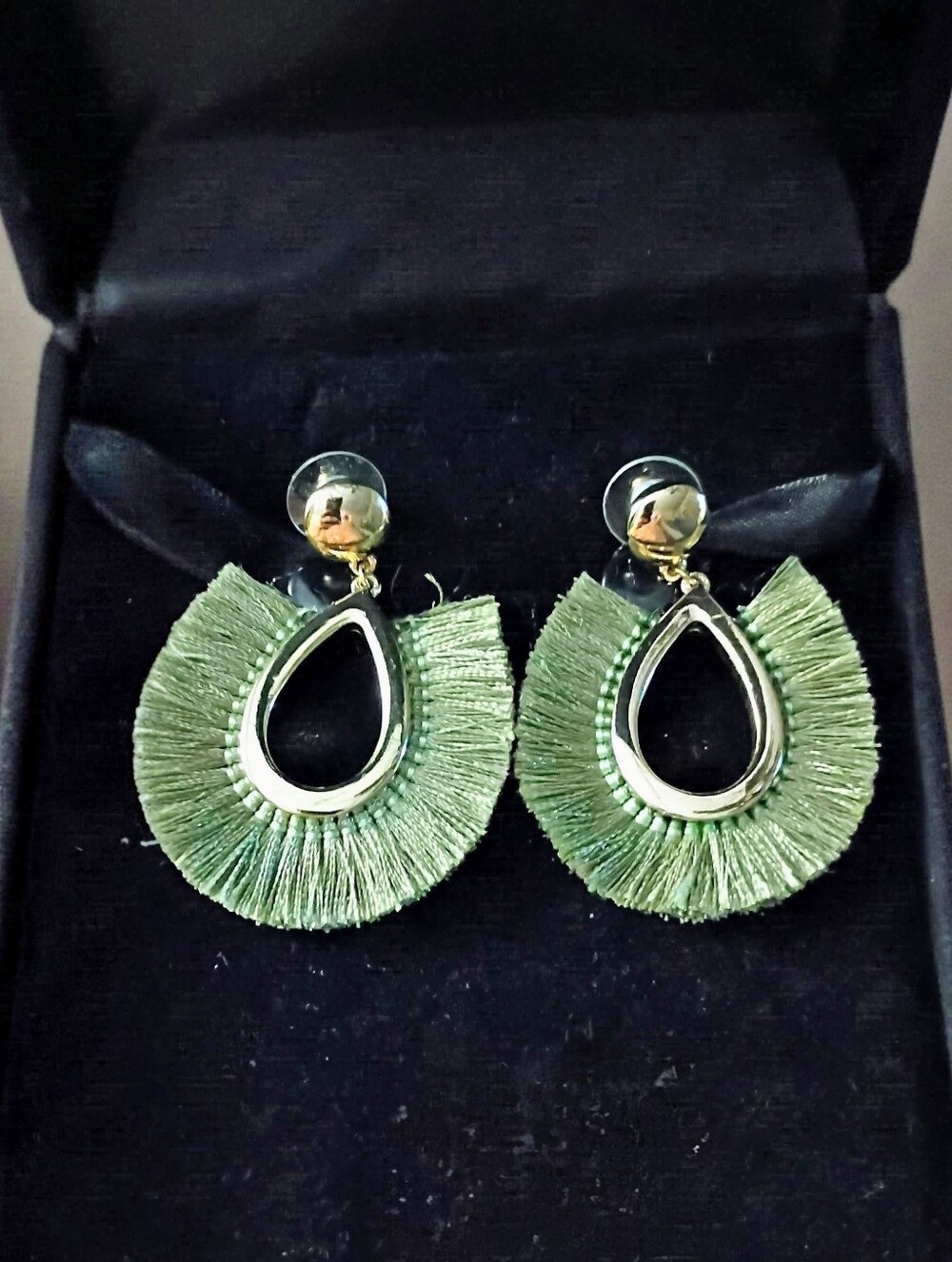 Green and Gold Toned Fringed Post Earrings